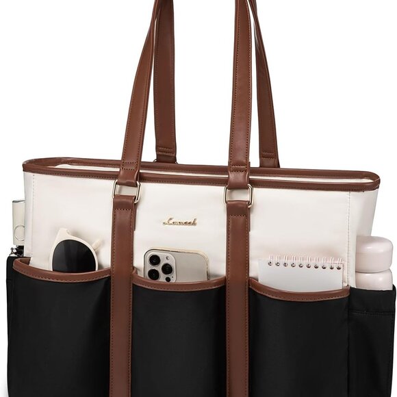 Brand New Multi-Pocket Work Tote Bag 15.6in Black-Beige-Brown Zipper - Picture 1 of 9